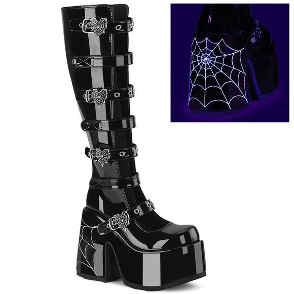 Glow Spider Web Gothic Platform Knee High Boots - Picture 2 of 5